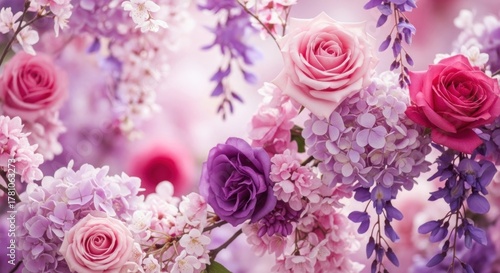 A vibrant display of pink and purple roses and hydrangeas with a blurred background.