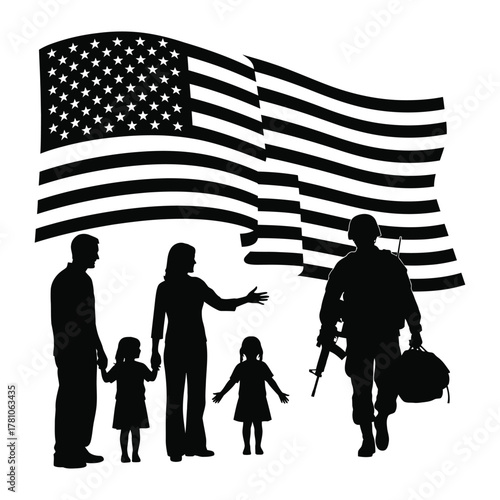 Family silhouette greeting a returning soldier with flag backdrop in an emotional tribute flat vector scene