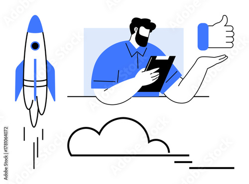 Person holding a tablet and analyzing progress. Rocket launching for new ideas, thumbs up for approval, and cloud for innovation. Ideal for teamwork, growth, productivity, feedback, innovation
