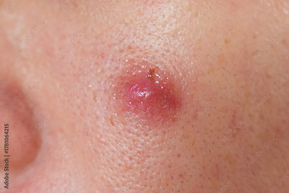 Fototapeta premium Asian man with inflamed acne and dark scar on cheek