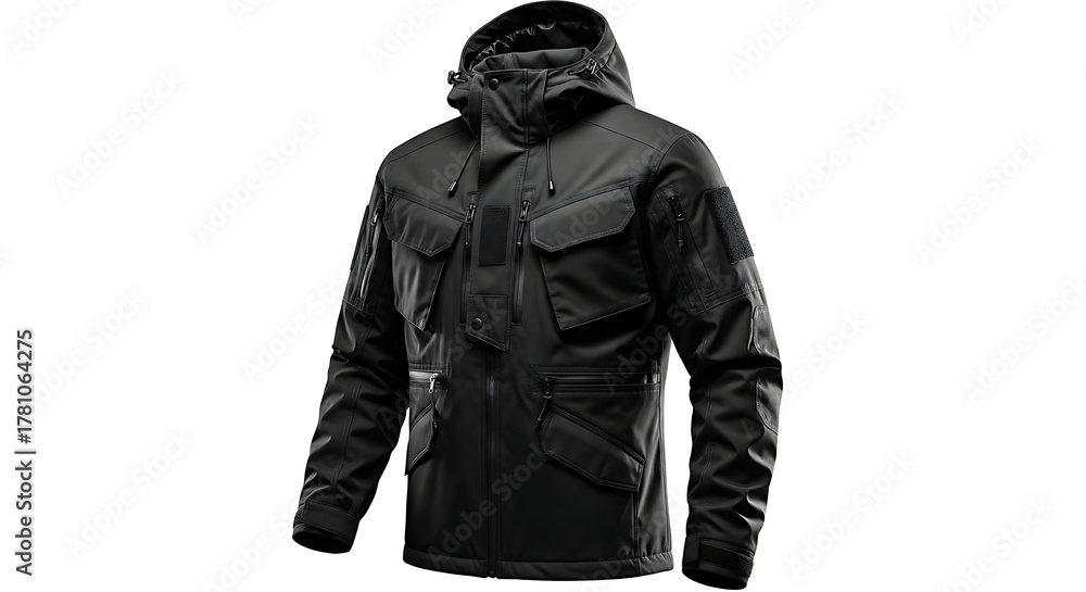 Fototapeta premium Black tactical waterproof jacket with hood and multiple pockets