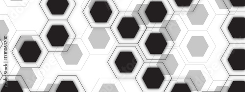 Abstract Monochrome Hexagonal Geometric Pattern with Black, White, and Gray Hexagon Pattern. Symmetrical Honeycomb Structure with Technology Themes, Futuristic Layouts, Design Projects