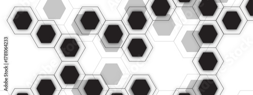 Abstract Monochrome Hexagonal Geometric Pattern with Black, White, and Gray Hexagon Pattern. Symmetrical Honeycomb Structure with Technology Themes, Futuristic Layouts, Design Projects