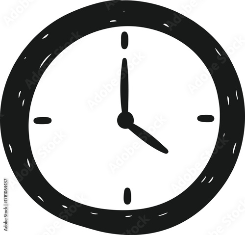 Analog clock illustration, black and white design, time symbol, round dial, hour minute hands, flat vector, educational graphic