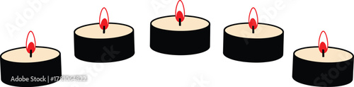 Five minimalist lit tealight candles in a row, graphic illustration of warmth, light, peace, and hope
