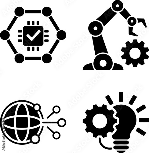 Set of black glyph icons representing technology and automation concept