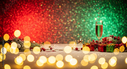 Festive Holiday Celebration with Gifts and Champagne Glass over Blurred Bokeh Lights
