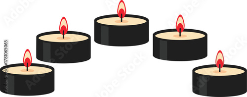 Five lit tea light candles in black holders, simple vector illustration for warmth and ambiance concept