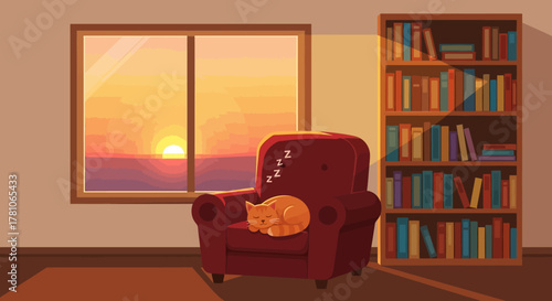 Cozy Armchair with Sleeping Cat and Bookshelf in a Warm Room.