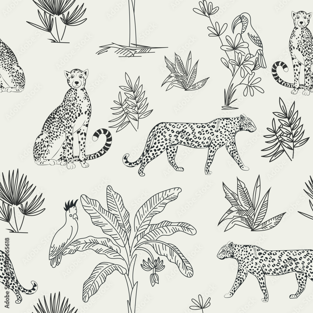 Naklejka premium Seamless vector pattern with giraffes, cheetahs, and tropical leaves in black and white outline style. Elegant African wildlife and jungle plants for textile, wallpaper, and nature design projects.