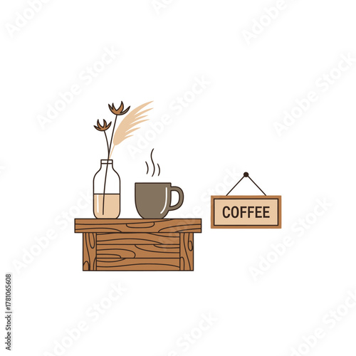 Cozy Coffee Corner Still Life with Vase, Cup, and Wooden Sign.