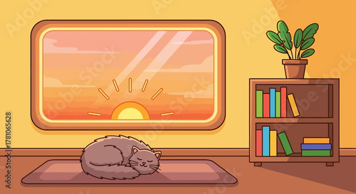 Cozy Cat Nap - A Curled Feline on a Rug.