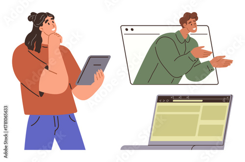 A person holding a tablet thinking, another engaging in a video call window, and a laptop screen. Ideal for teamwork, online learning, remote communication, brainstorming, digital tools