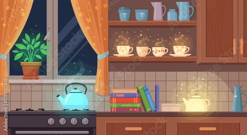 Cozy Kitchen Scene with Glowing Teapots and Night Window View.
