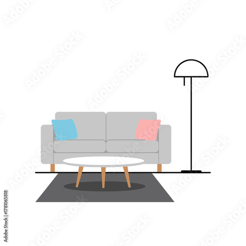 Cozy Living Room Interior with Sofa, Coffee Table, and Floor Lamp.