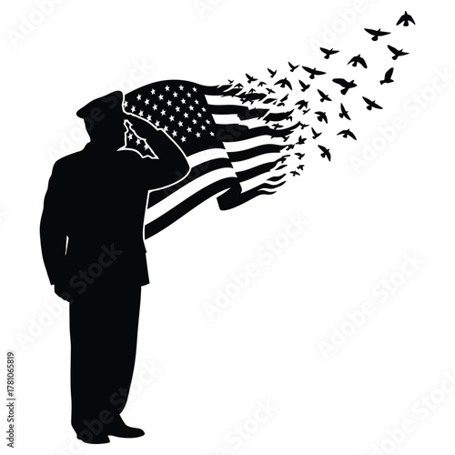 Silhouette of veteran saluting with American flag waves transforming into flying birds symbolizing honor and freedom in black and white vector design.