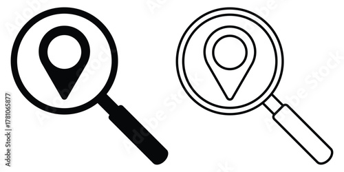 Magnifying glass with map pin vector icon representing navigation and location search.