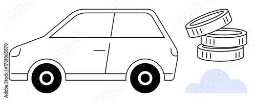 Minimalist car beside coin stack and cloud, symbolizing vehicle cost, savings, finance, eco-friendliness, insurance, transport economics, and sustainable choices. Ideal for ads guides budget