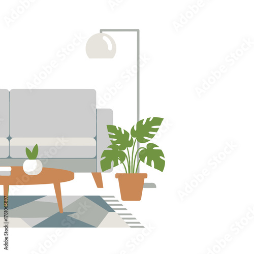 Cozy Living Room Interior with Sofa, Lamp, and Plant.