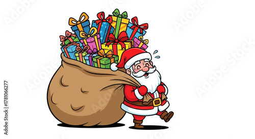 Jolly Santa Claus delivering colorful Christmas gifts in his big sack, spreading holiday cheer and festive spirit for a magical celebration
