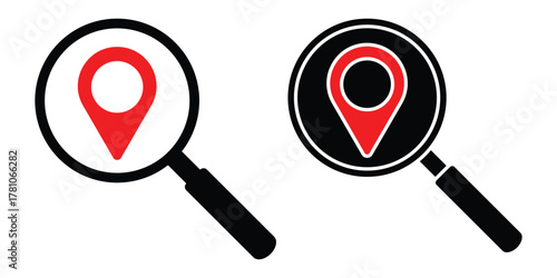 Simple navigation icon showing magnifier and map marker in minimal vector style.