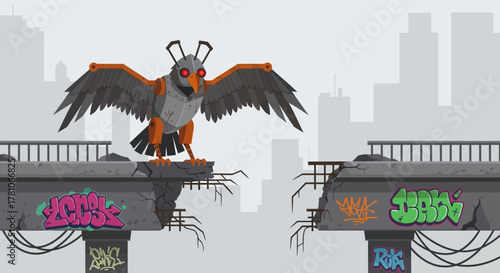Cyberpunk Eagle Perched on Broken Bridge with Wings Spread.