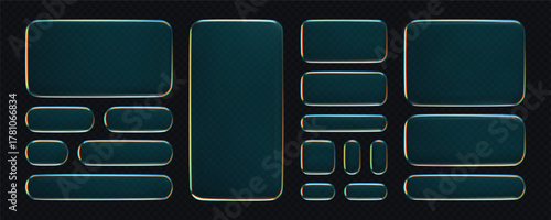 3D liquid glass buttons with a transparent neon holographic effect, isolated on a dark background. Render of liquid glass frame, UI UX elements for phone app or game interfaces. 3D tech digital vector