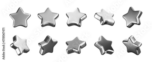 3D silver star icons with chrome effect isolated on dark background. Glossy platinum star for Christmas and New Year decoration. Badge for rating, award trophy, achievement, winner reward. 3D vector