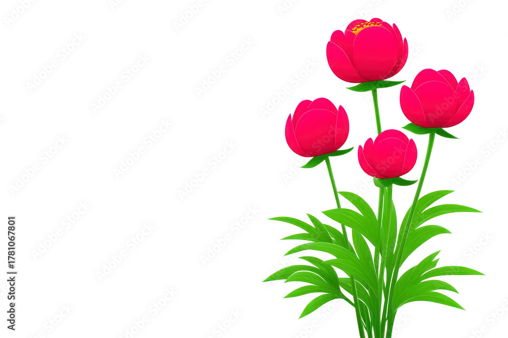 Obraz premium Red peony flower bouquet with green leaves on transparent background, elegant floral arrangement, spring garden plant, romantic and cheerful mood, isolated illustration