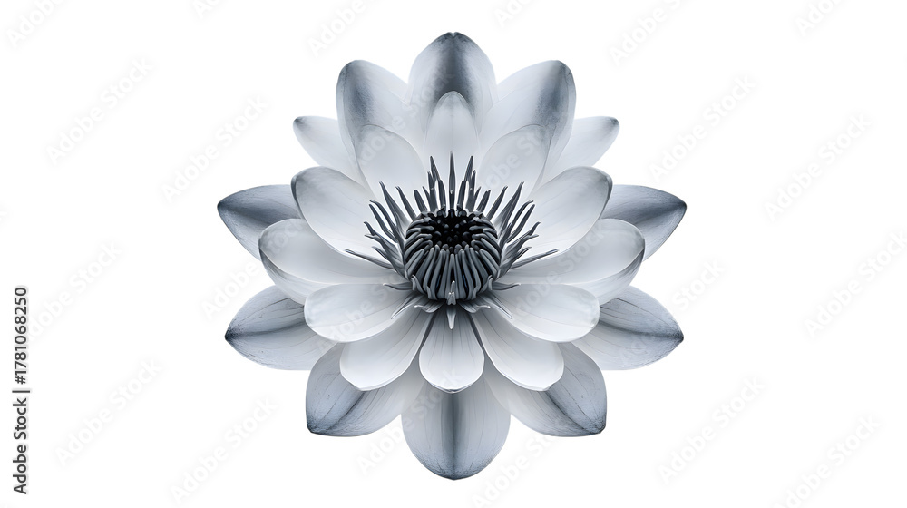 Fototapeta premium Elegant black and white water lily flower blossom photo for wallpaper and background desktop design on transparent background