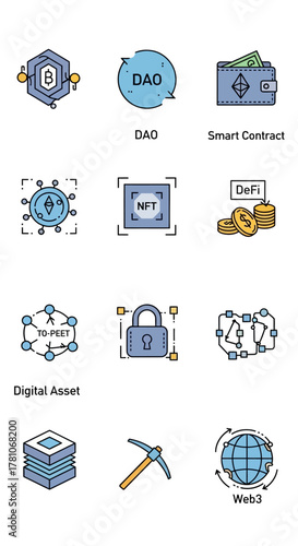 Decentralized Finance and Blockchain Technology Icons Set for Digital Assets.