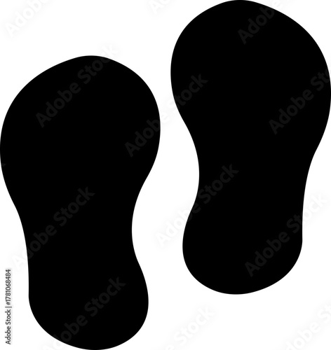 Footprint and shoe print icon in black flat style, including barefoot, boot, sneaker, trail, and walking track symbols, perfect outline and silhouette vector