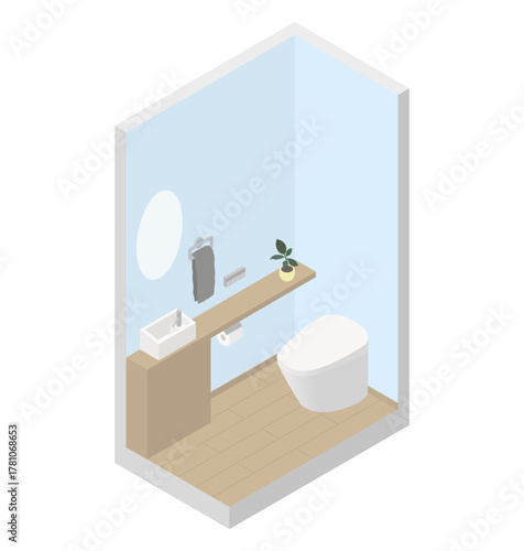 Minimalist modern toilet interior with washbasin and wooden floor illustration
