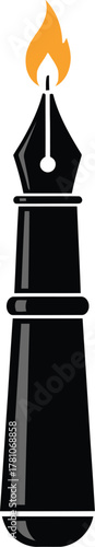 Fountain pen icon with a burning flame, symbolizing writing, creativity, inspiration, knowledge, education.