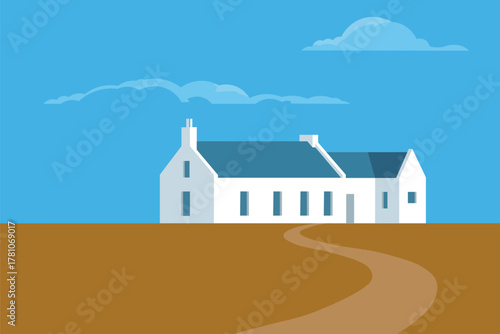 Scottish croft house with winding path on a sunny day in the highlands