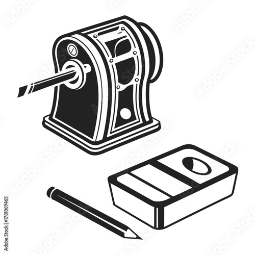 Vintage pencil sharpener, pencil, and eraser