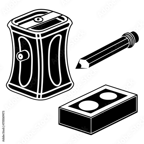 Pencil sharpener, pencil, and eraser