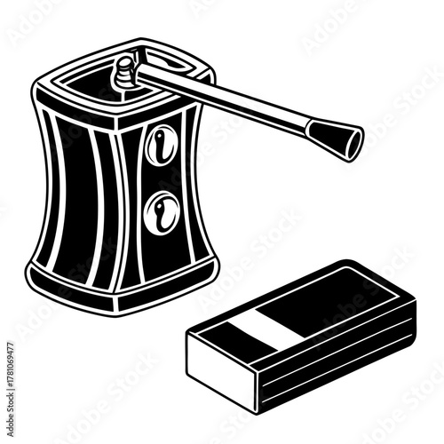 Pencil sharpener, pencil, and eraser