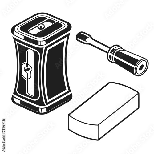 Pencil sharpener, eraser and makeup brush