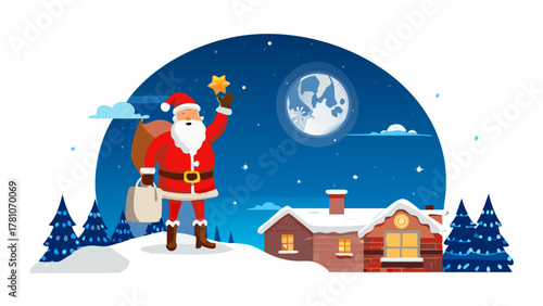 Santa Claus standing on a rooftop waving at the glowing full moon, holding his sack of gifts, magical Christmas night scene