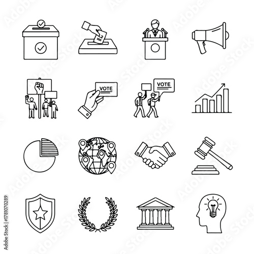 Set of line art icons related to politics and government