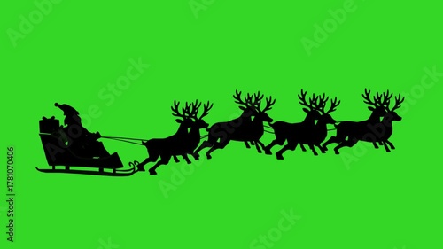Santa Claus pulled by reindeer silhouette on green screen