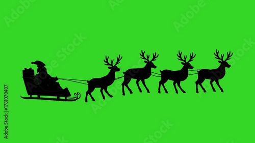 Santa Claus pulled by reindeer silhouette on green screen