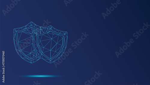Digital Cybersecurity Shield Wireframe Concept: Modern Protection, Data Security, and Privacy Technology on Dark Blue Background, Perfect for IT Solutions