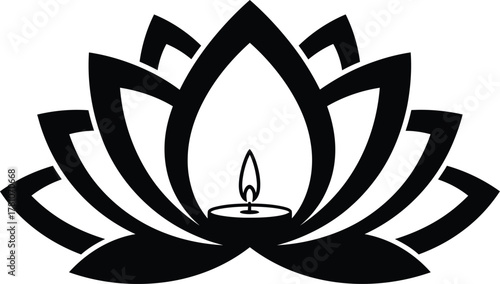 Lotus flower with candle flame, symbolizing peace, meditation, and spiritual enlightenment vector icon design.