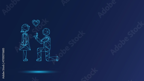 Man Proposing to Woman with a Ring, Low Poly Design, Abstract Celebration of Love, Engagement, and Modern Relationships, Neon Blue Style