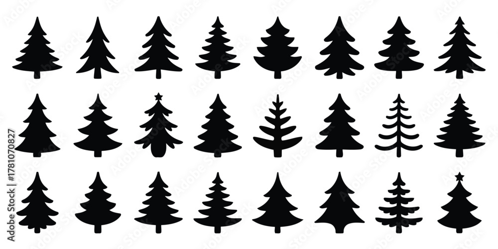 Obraz premium Collection of TwentyOne Black Silhouette Christmas Tree Icons in Varying Styles and Shapes