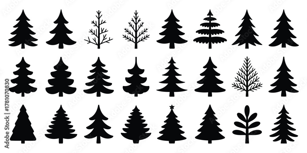 Fototapeta premium Diverse Black Silhouettes of Evergreen Trees and Bare Branches on White Background