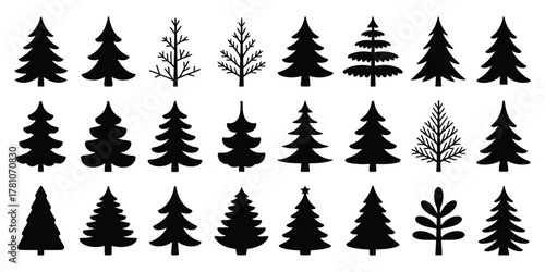 Diverse Black Silhouettes of Evergreen Trees and Bare Branches on White Background