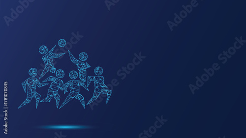 Futuristic Technology Abstract Concept: Low-Poly Athlete Team in Digital Blue Network for Teamwork, Sports, Innovation, and Creative Industry Representations 